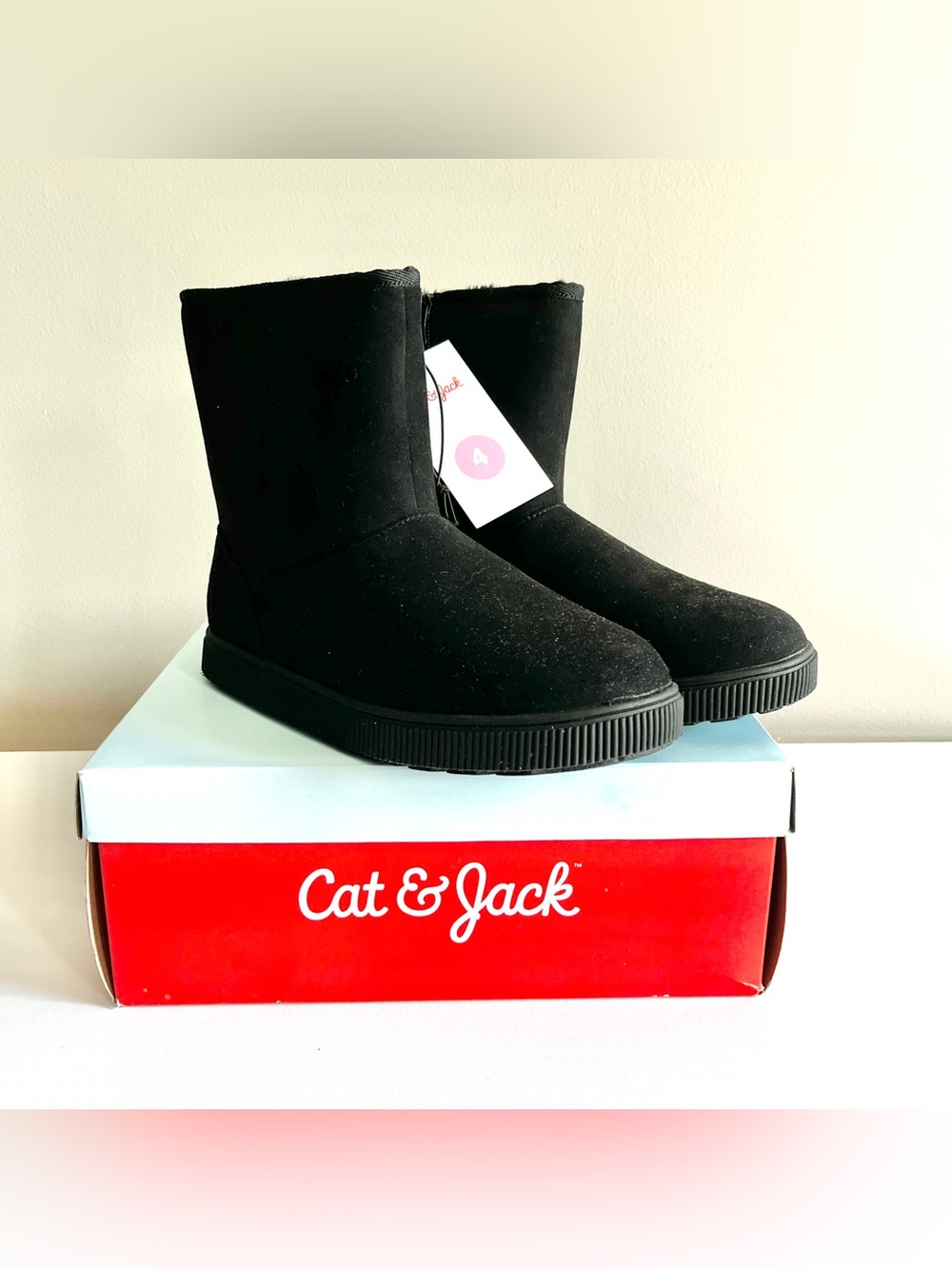 NEW girls black boots faux fur shearling big kids 4 zip side Holland Cat & Jack